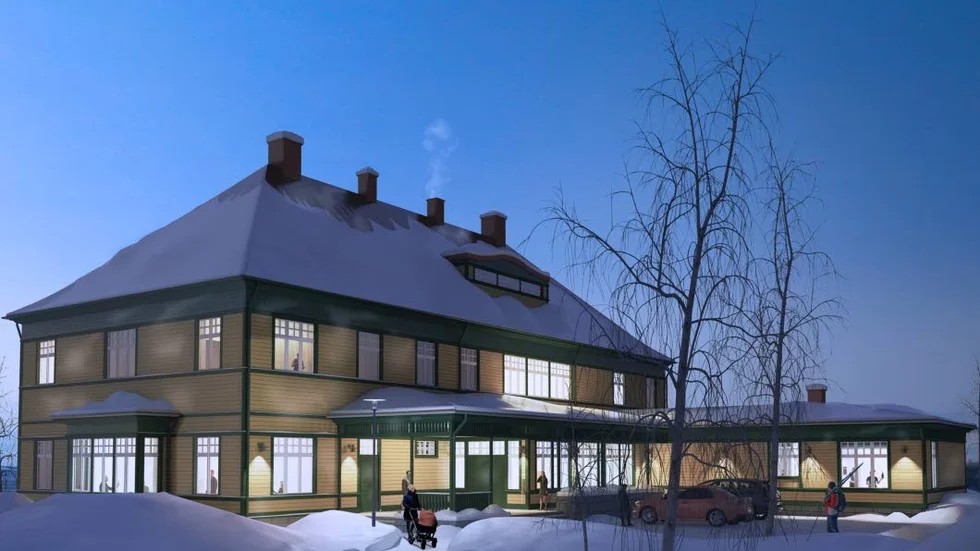 Framsidan av det nya bolagshotellet i Kiruna.