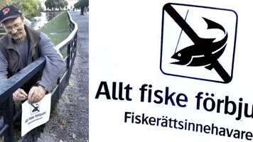 Lars Johansson sätter upp skyltar om fiskeförbud.