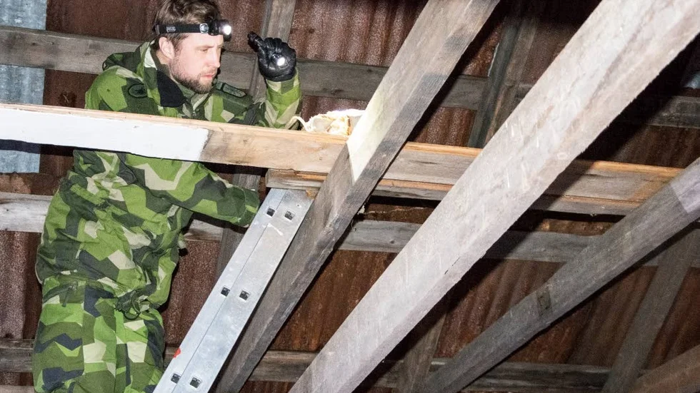 Inspektion. Med hjälp av pannlampa och ficklampa tittar Mikael Lundqvist närmare på sprängämnet. Insatsen tillhör sprängmedelsamnestin som polisen utfärdat.