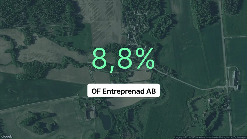 Illustrationen visar rörelsemarginalen för OF Entreprenad för det senaste året. Bakgrunden är en satellitbild över företagets adress.