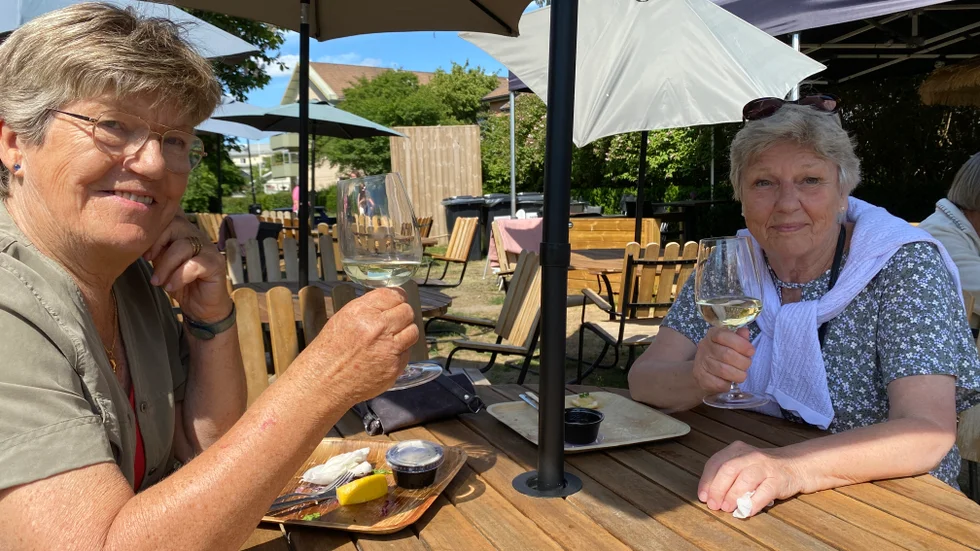 Gunnel Sparrings och Gunilla Sellin tar gärna ett glas vin till maten och är glada att Foodtrucken fick sitt tillstånd.