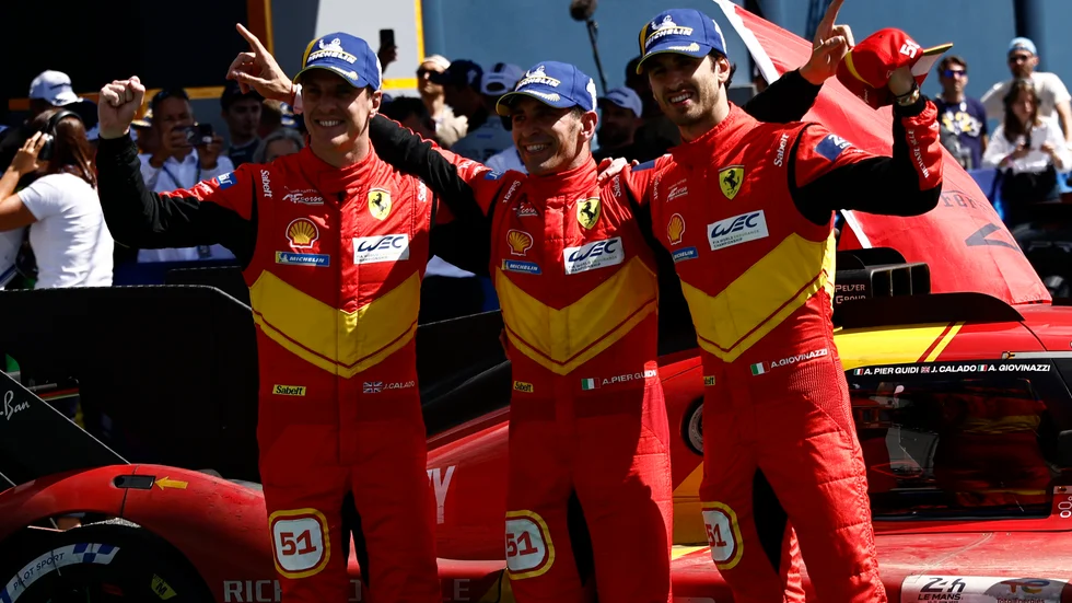 Ferraris Le Mans-vinnare James Calado, Pier Guidi och Antonio Giovinazzi.
