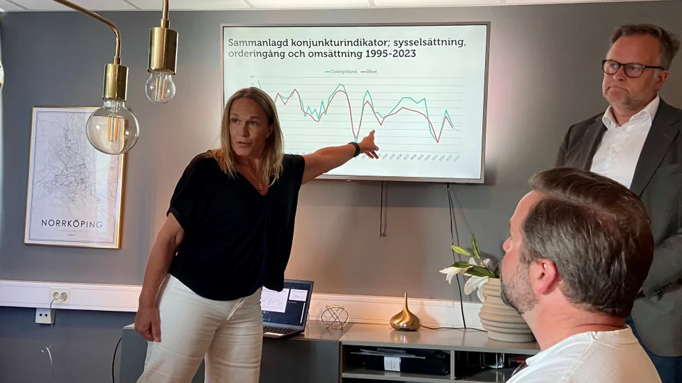 Frida Boklund, regionchef på Företagarna Östergötland, under presentationen av den senaste Småföretagarbarometern. Det är tufft för många företag i länet.