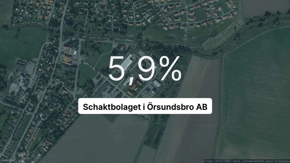 Illustrationen visar rörelsemarginalen för Schaktbolaget i Örsundsbro för det senaste året. Bakgrunden är en satellitbild över företagets adress.
