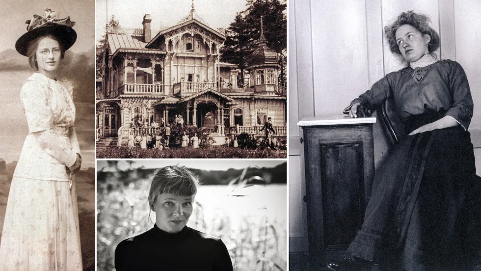 Vänstra bilden: Edith Södergran fotograferad någon gång 1906-1910. Mitten, övre bilden: Baranovskijs sommarvilla i Karelen, 1908 fanns 574 sommarvillor i Raivola, familjens Södergrans hemort. Nedre bilden: bokens författare Nina Ulmaja, foto: Anna-Lena Ahlström. Högra bilden: Edith Södergrans självporträtt tagen 1912-14 på sanatoriet i Davos, Schweiz.