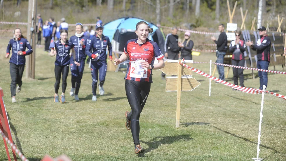 Norskan Oda Scheele sprang sista sträckan för OK Linné och var den som tog laget till seger i Stigtomtakavlen. På målrakan höll sig lagkompisarna i bakgrunden.