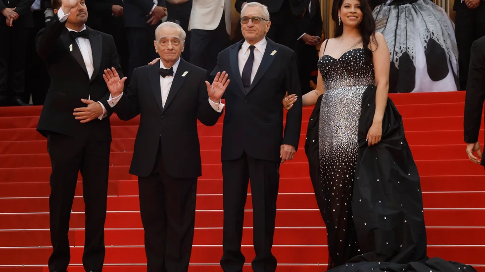 Leonardo DiCaprio, Martin Scorsese, Robert De Niro, och Cara Jade Myers på premiären av filmen "Killers of the flower Moon" på Cannesfestivalen i helgen.