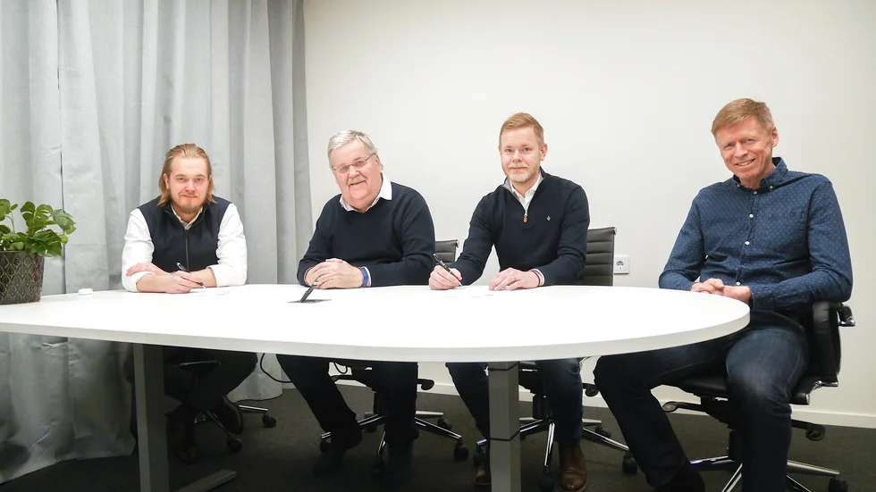 Från vänster; Mathias Larsson VD BD Works, Ingemar Ek Marknadsansvarig IFK Luleå, Thomas Nilsson VD NTG, Jörgen Eriksson Ordförande IFK Luleå. 