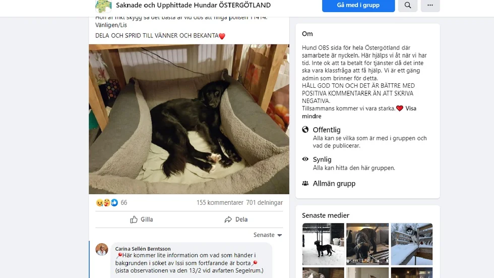 Carina Berntsson var med och startade Facebookgruppen "Saknade och upphittade hundar Östergötland", som nu engagerar sig i sökandet efter hunden som försvann i Överum.