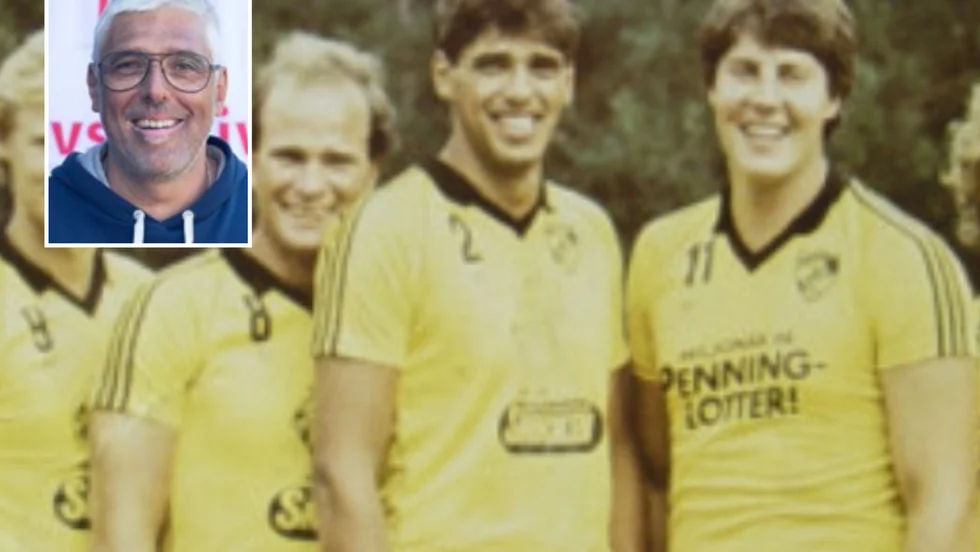 Thomas Karlström med nummer 2 i VIF Gutes färger inför den allsvenska säsongen 1983/84. Lilla bilden, Thomas Karlström i dag.