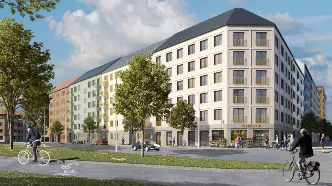 Planerad utbyggnad vid Östra Ågatan-Strandbodgatan, vy från Fyrisån. Exakt utseende bestäms senare.