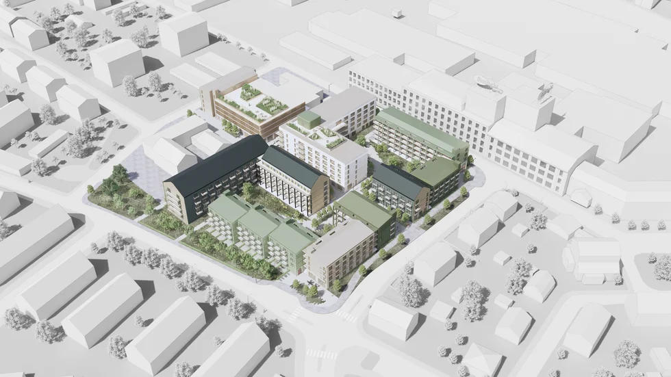 Illustration över det planerade bostadsområdet, med Sunlight uppe till höger i bildkant.

