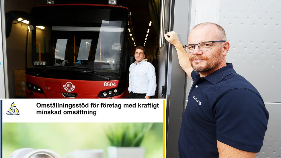"Juni tappade vi cirka 65 procent och i juli tappade vi cirka 74 procent av omsättningen", säger Mikael Jonasson, vd för Tuna trafik. I bakgrunden kollegan Johan Hermansson.