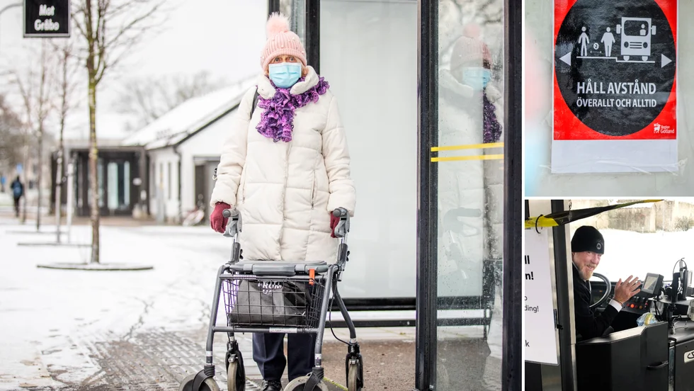 Busstationen i Visby på torsdagen. På stora bilden resenären Ulla Pettersson, lilla bilden busschauffören Lennart Rosander.