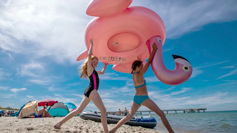 En uppblåsbar plastflamingo i tyska Rerik, på behörigt avstånd från danska sjöräddningen som tycks ha fått nog av flytande plastdjur. Arkivbild.