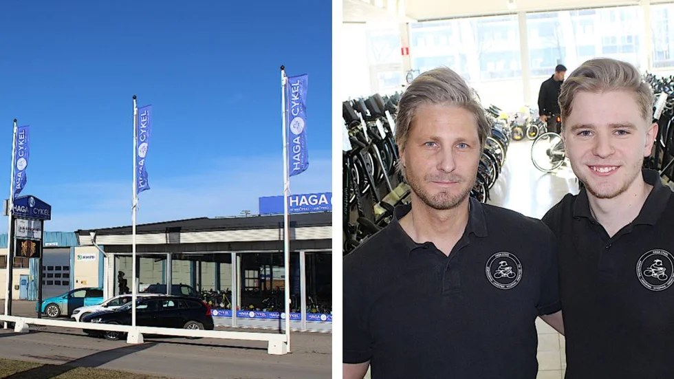 Bröderna David Samuelsson och Robin Thyrstedt i nyinvigda lokalen på Väringagatan i Linköping. De driver Haga cykel tillsammans med pappan Dick Samuelsson.