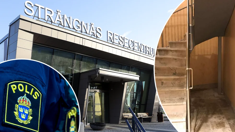 Strängnäs resecentrum och trapphuset där polisen visiterade en 14-åring i mars förra året.