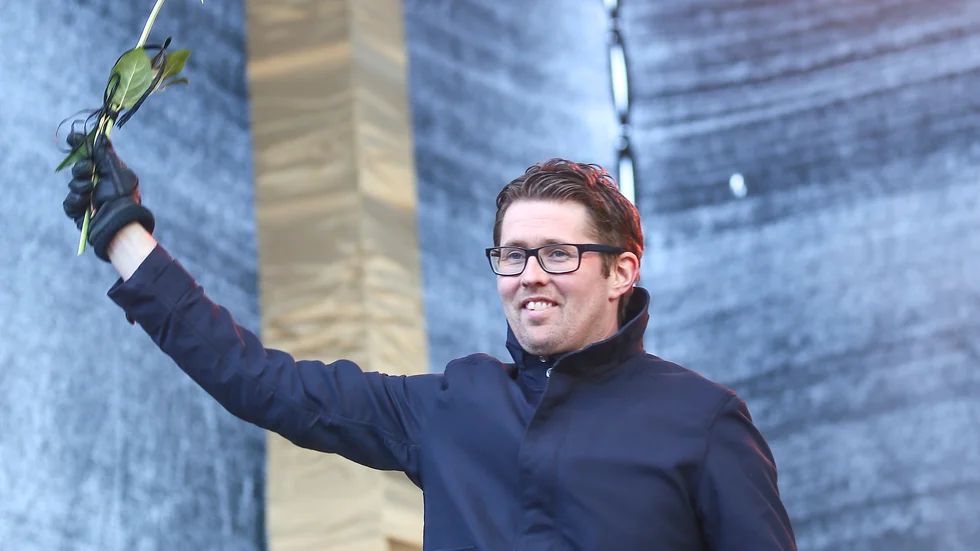 Stefan Klockare hyllas på torget efter SM-guldet 2014.