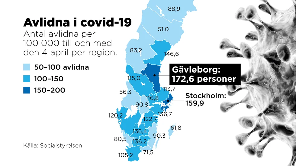 Antal avlidna per 100|000 till och med den 4 april per region, enligt Socialstyrelsens dödsorsaksintyg.