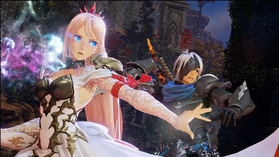 Visuellt har "Tales of arise" en mer vuxen framtoning än flera av de tidigare titlarna i serien. Men vissa klassiska berättargrepp, som att den manliga hjälten är klädd i svart och bär svärd och att den kvinnliga hjälten bär vitt och attackerar från distans, kvarstår. Pressbild.