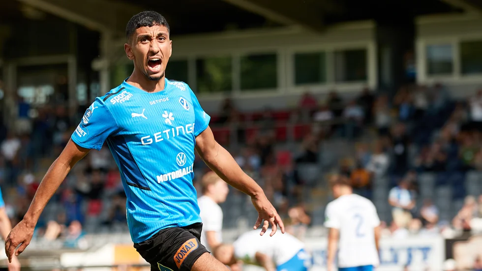Halmstads Amir Al-Ammari jublar efter sitt mål mot IFK Norrköping.