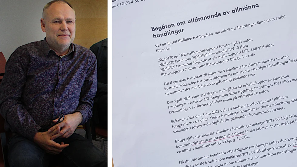 Viktor Broomé på kommunens fastighetskontor begärde en avgift för att förmedla kommunala handlingar, ett beslut som överklagats.