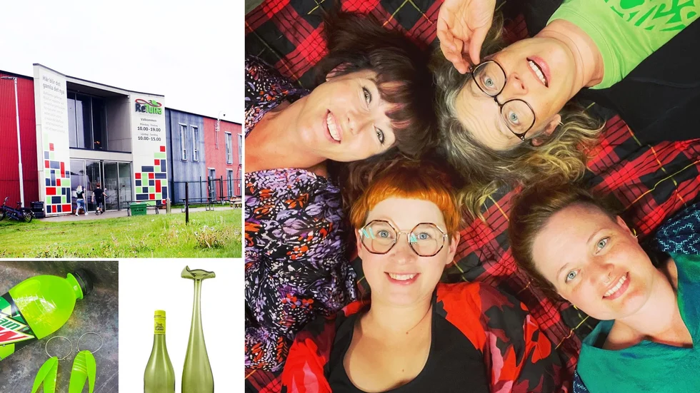Axelina på Retuna får flera nya designprodukter till butiken. Maja Hamelius, som driver Axelina, Mari Brokvist, Erika Brokvist och Anna Björkman. På bilden syns örhängen från Studio skata och en blomvas från Återbukshyttan som säljs via Red recycle design.