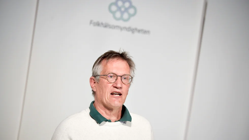 Anders Tegnell, statsepidemiolog på Folkhälsomyndigheten, under torsdagens myndighetsgemensamma pressträff om coronapandemiläget.