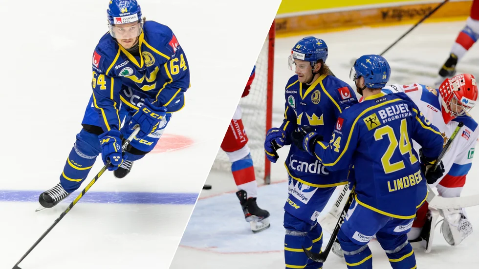 Jonathan Pudas gjorde sitt första mål i Tre Kronor i mötet med Ryssland i Carlson Hockey Games. (Bilden är ett montage)