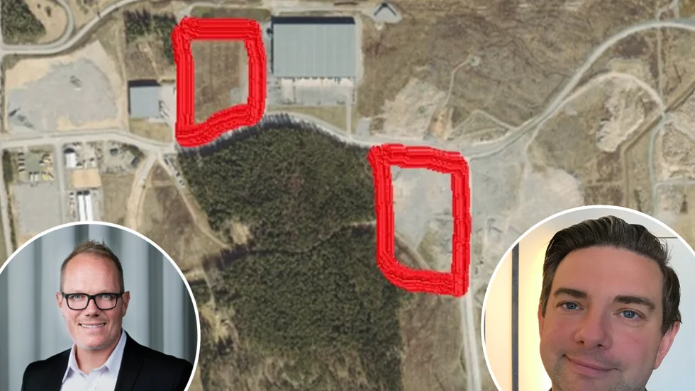 Eskilstuna kommun säljer två markområden i logistikparken (E20 längst upp i bild). David Hofmann, vd på Eskilstuna logistik och etablering, samt kommunstyrelsens ordförande Jimmy Jansson (S) ser positivt på de nya etableringar som kommer med markaffären.