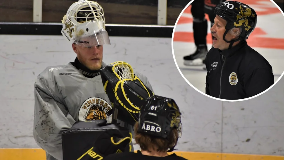 Gustav Bågenvik vaktar Vimmerby Hockeys kasse i bortamatchen mot Kallinge/Ronneby.