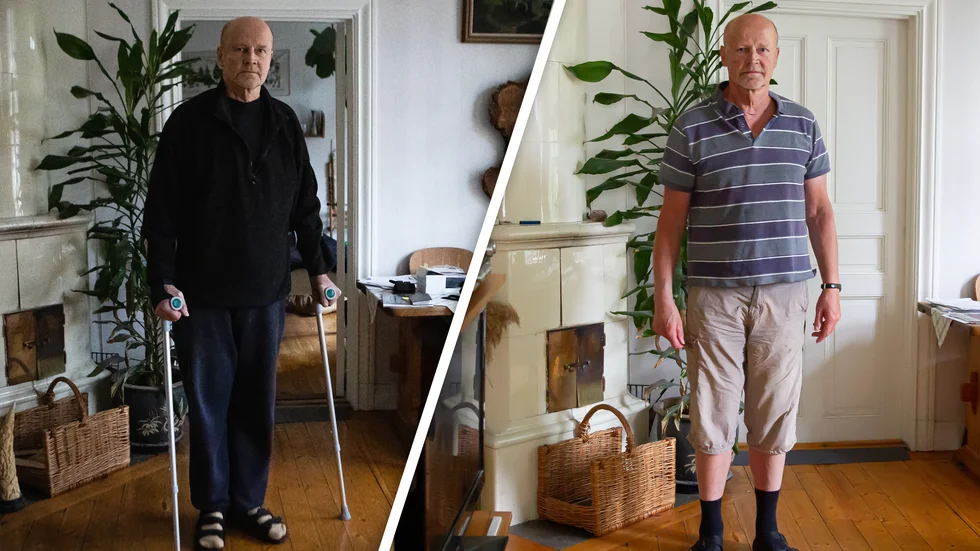 Bilden till vänster är från december 2020 när UNT träffade PG Norman efter att han kommit hem från att ha vårdats i respirator i sex veckor. Bilden till höger är från juli i år, när UNT åter hälsade på. Efter ett halvårs rehabilitering mår han bättre än väntat.