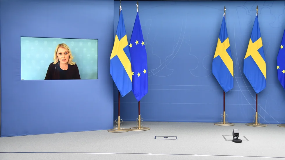 Socialminister Lena Hallengren (S) under en digital pressbriefing om situationen i vården med anledning av covid-19.
