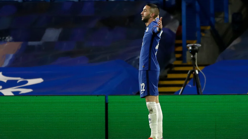 Chelseas Hakim Ziyech jublar efter segermålet mot Atlético Madrid.