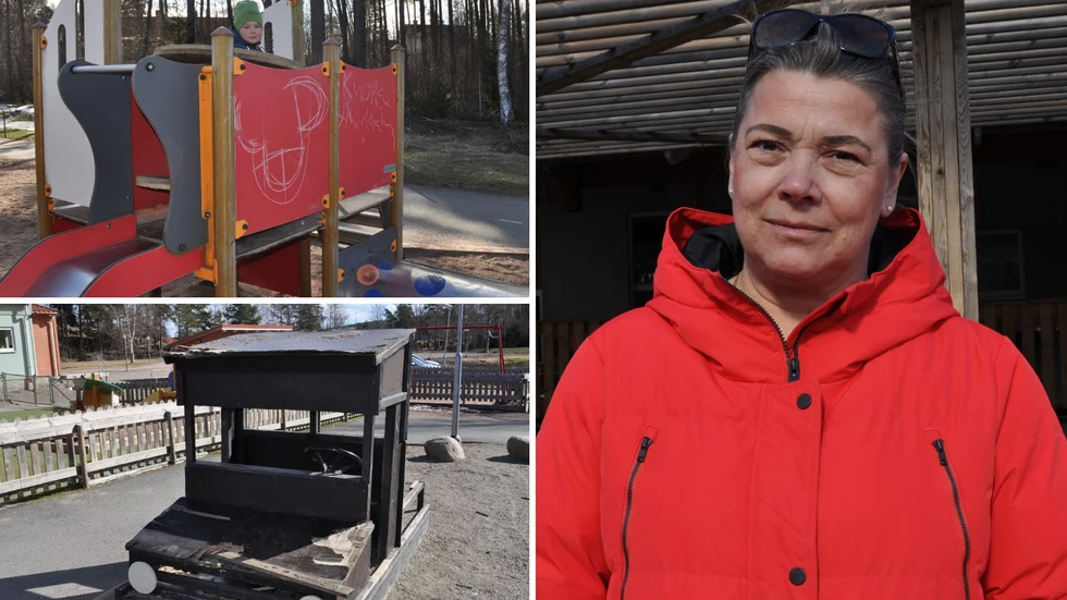 Susanne Whittam på Ydre förskola är trött på den återkommande vandaliseringen. Adrian Gustafsson 4,5 år blev arg när han såg vad som hänt med hans skolgård.