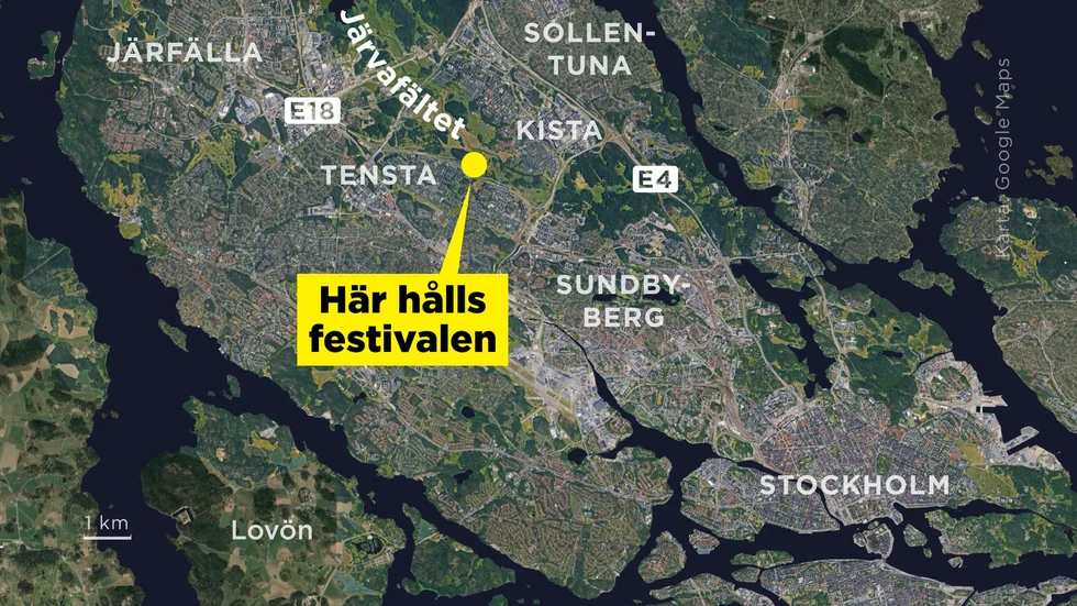 Kartan visar var den eritreanska festivalen på Järvafältet hålls.