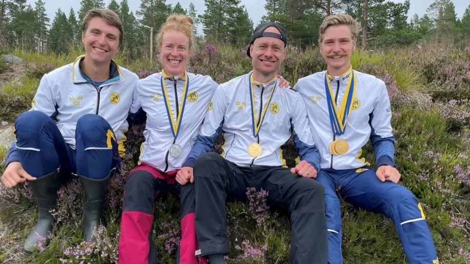 Detta är alla löpare från OK Klemmingen som deltog under VM. Från vänster Johan Hagströmer, Julia Davidsson, Martin Jansson, Johan Ek- Larsson. Alla lyckades ta medalj förutom Johan Hagströmer som var nära i stafetten där han slutade på en fjärdeplacering med Sverige andralag. 