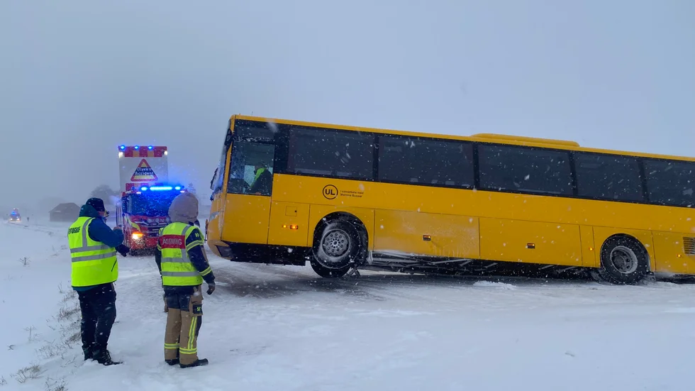 En skolbuss med ett 30-tal barn ombord körde ned i diket på tisdagsmorgonen.