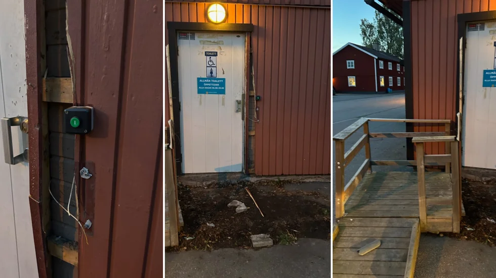 Den offentliga toaletten i Mariefred efter helgens skadegörelse, eller möjligen olycka.