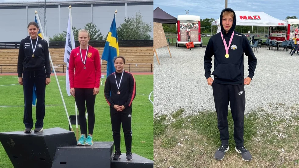 Råby-Rekarnes Vendela Dekreon (längst till vänster) fick kliva högst upp på pallen i Uppsala efter att ha vunnit spjuttävlingen i sin klass och klubbkompisen Alexander Brändeborn tog förstaplatsen i höjdhopp.