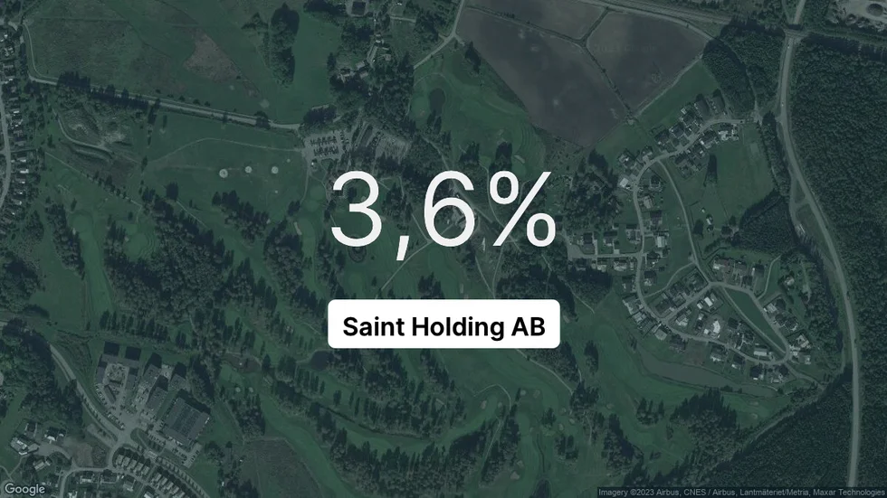 Illustrationen visar rörelsemarginalen för Saint Holding för det senaste året. Bakgrunden är en satellitbild över företagets adress.