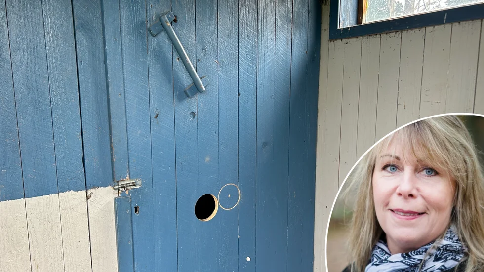 Någon har roat sig med att såga upp ett "gloryhole" till ett av dassen på rastplatsen vid Kolsnaren. På bild ses också Charlotte Prennfors (M). 