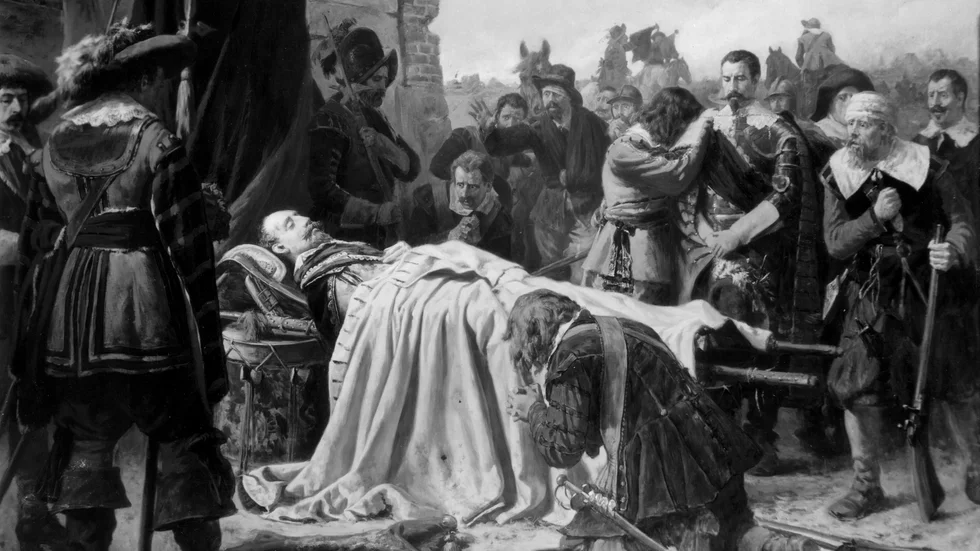 Här ser vi Gustav II Adolf liggande på sin bår den 6 november 1632 på slagfältet vid Lützen i Tyskland. Den 38-årige krigarkungens frånfälle brukar nuförtiden uppmärksammas med en bakelse. Måhända möts idag den sargade kommunstyrelsen i Norrköping över ett fat Gustav Adolf bakelser?