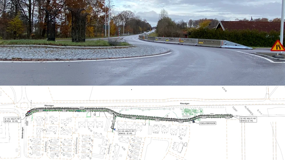 Enligt ritningen ska cykelvägen gå från Skördevägen i söder (vänster) till Tränsgatan i norr (höger).