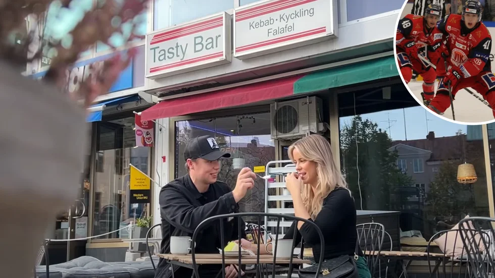 Victor Öhman i VIK agerar skådespelare i en film som Jake McGrews flickvän Liv Swearingen gjorde under sitt besök i Västervik. Här sitter depå på Bageri 96 vid Stora torget.