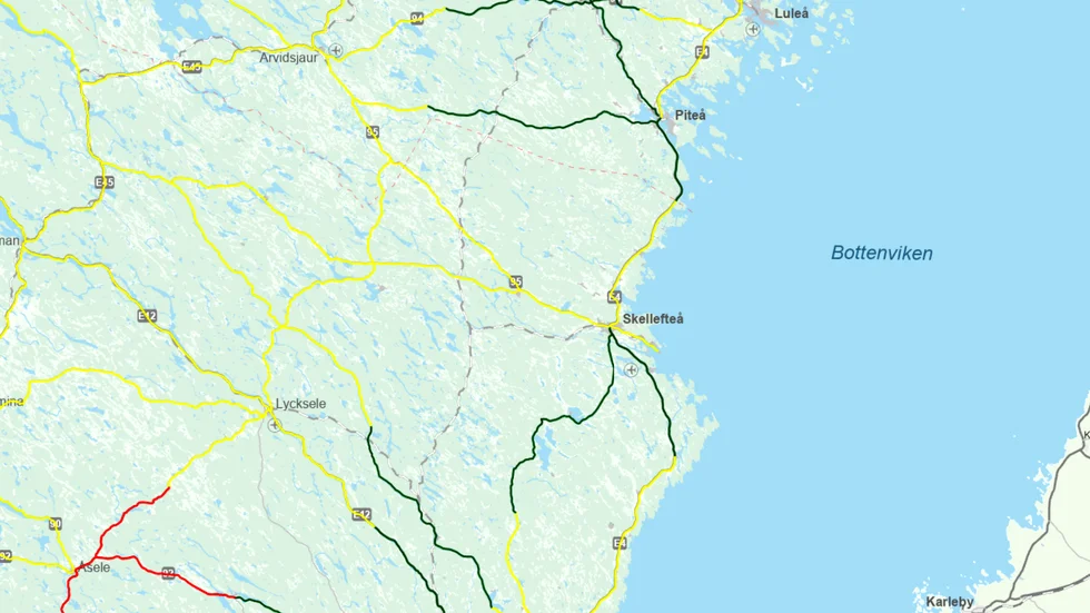 Grön betyder att inga problem med vägen är inrapporterade, på de gula områden är det risk för halka och på de röda avsnitten varnas det att vägbanan är hal. 