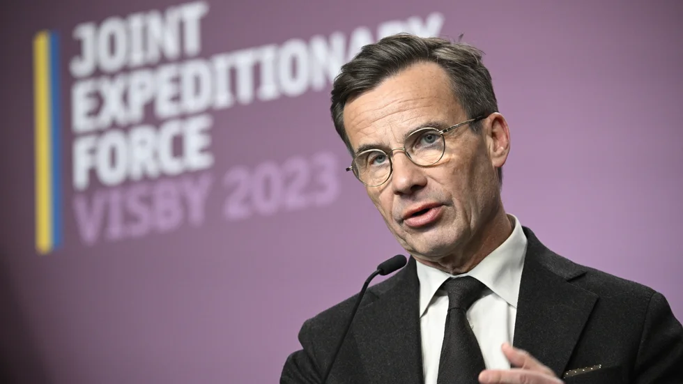 Sveriges statsminister Ulf Kristersson (M) håller en pressträff under fredagens toppmöte på Gotland.