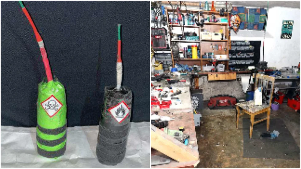 The collage shows homemade bombs and the Skellefteå resident’s basement.