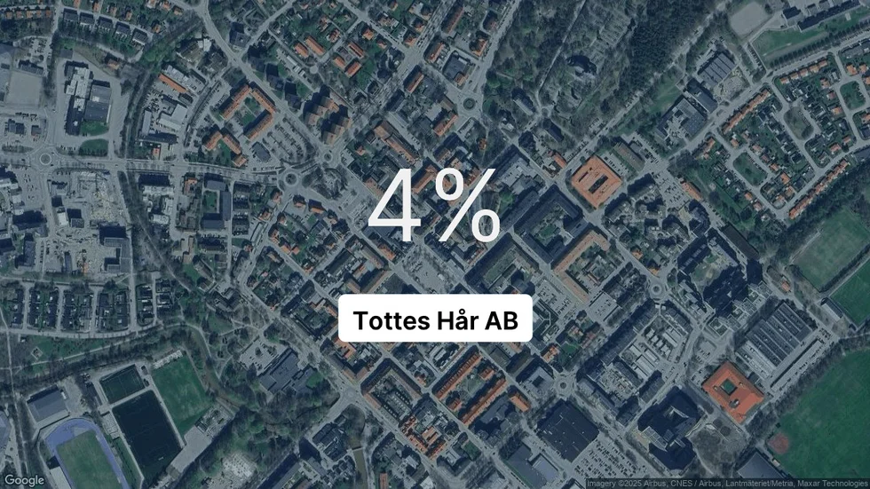 Illustrationen visar rörelsemarginalen för Tottes Hår för det senaste året. Bakgrunden är en satellitbild över företagets adress.