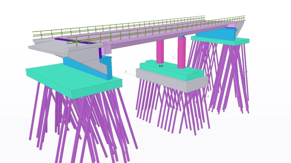 This is how the new E4 bridge at Ånäset will look. As the ground is soft around the river it is necessary to drill down many stays in the ground, they are the purple “sticks” shown in the image.